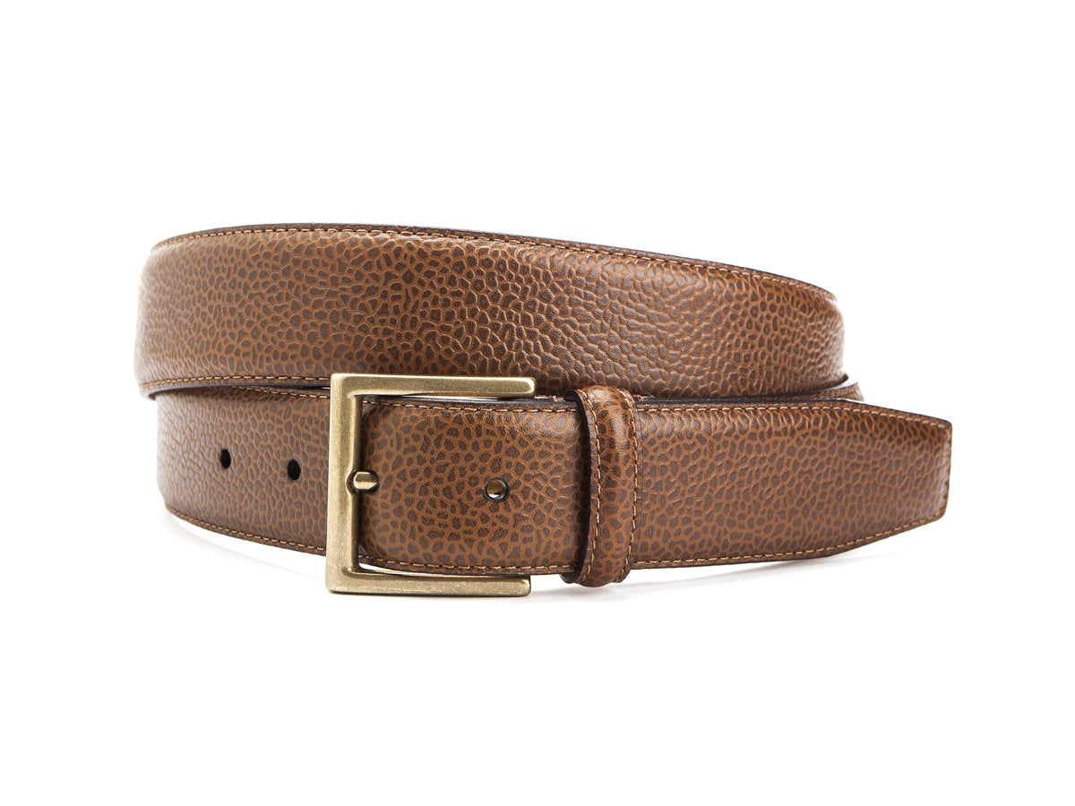 Front view of Crockett & Jones tan scotch grain calf belt with brass buckle