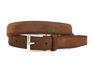 Front view of Crockett & Jones tobacoo suede belt with brass buckle