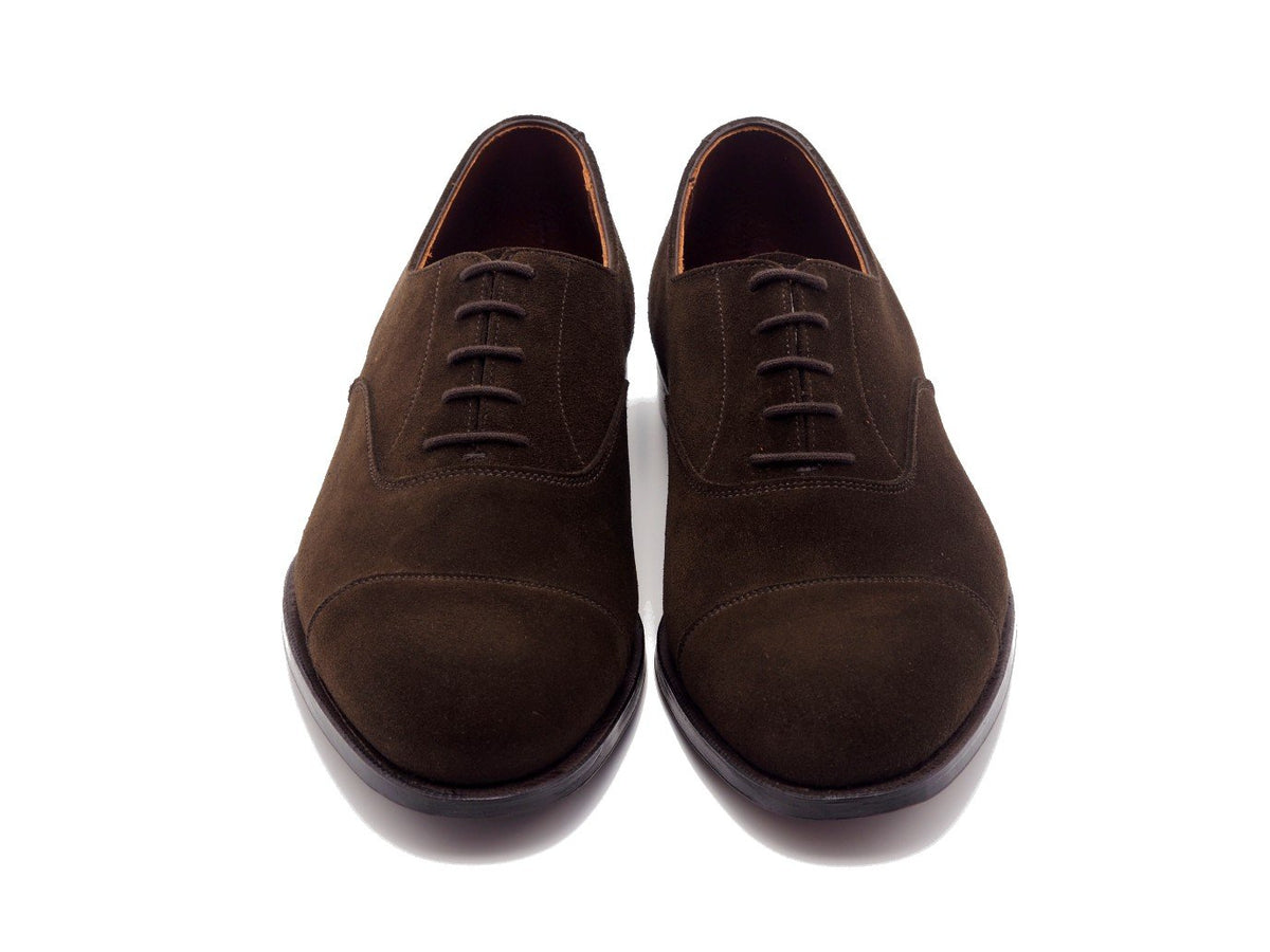 Front view of Crockett & Jones Bendigo plain captoe oxford shoes in dark brown suede