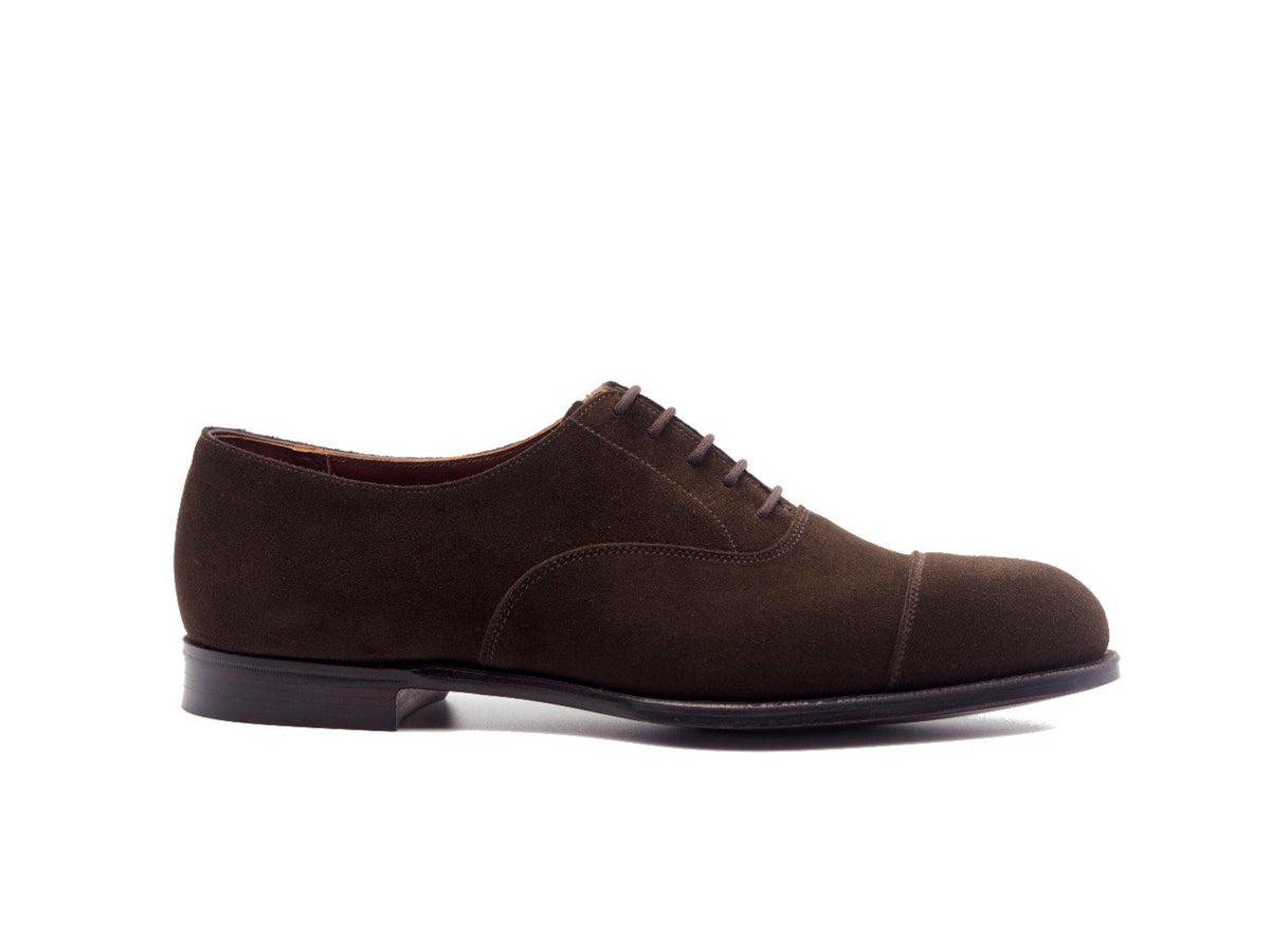 Side view of Crockett & Jones Bendigo plain captoe oxford shoes in dark brown suede