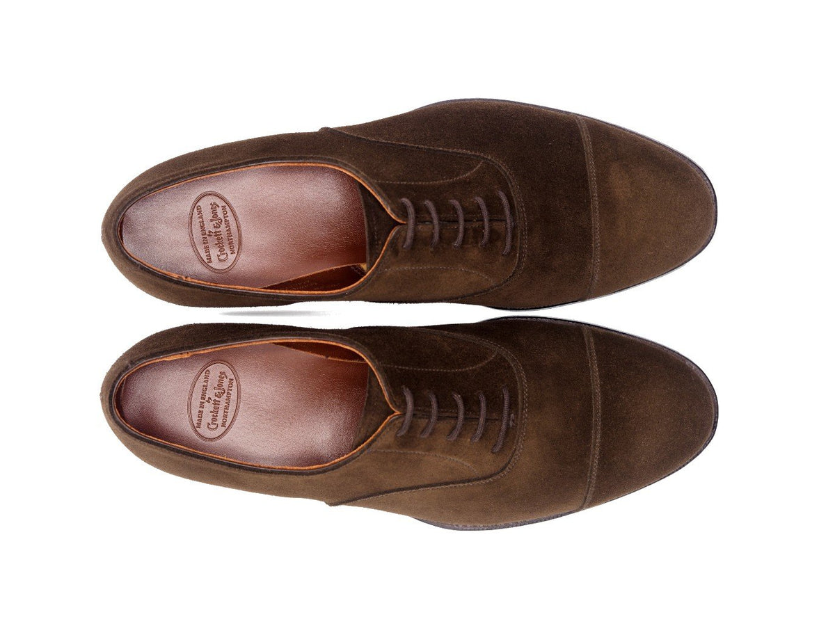Top view of Crockett & Jones Bendigo plain captoe oxford shoes in dark brown suede