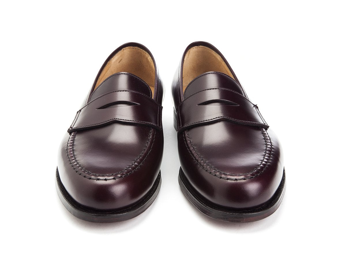 Front view of Crockett & Jones Boston penny loafers in burgundy cavalry calf