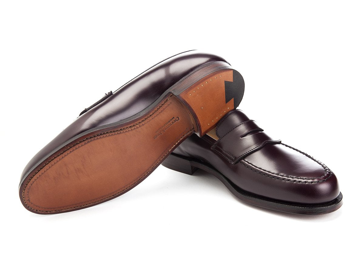 Leather sole of Crockett & Jones Boston penny loafers in burgundy cavalry calf