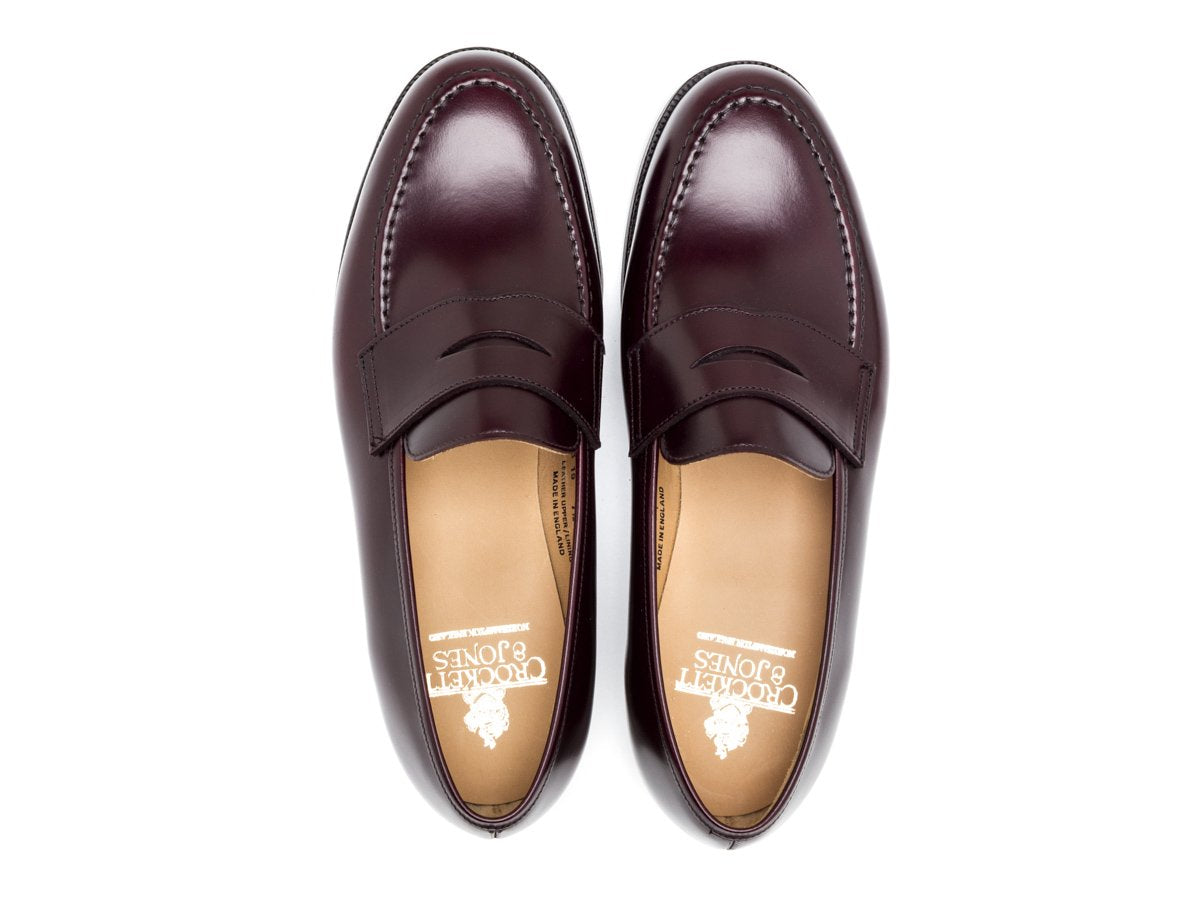 Top view of Crockett & Jones Boston penny loafers in burgundy cavalry calf