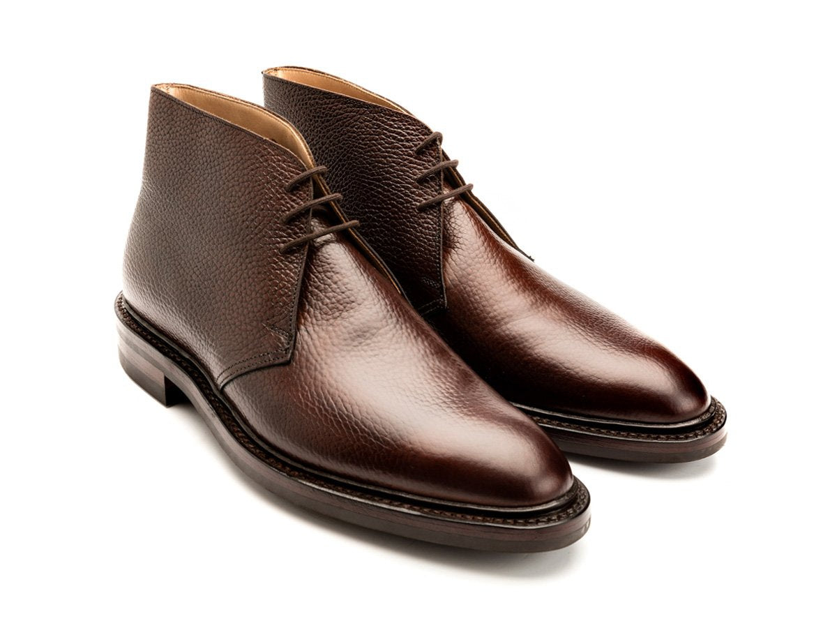 Front angle view of Crockett & Jones Brecon chukka boots in dark brown country calf
