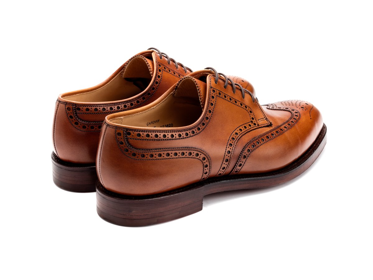 Back angle view of Crockett & Jones Cardiff wingtip full brogue derby shoes in tan burnished calf