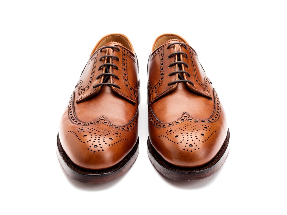 Front view of Crockett & Jones Cardiff wingtip full brogue derby shoes in tan burnished calf