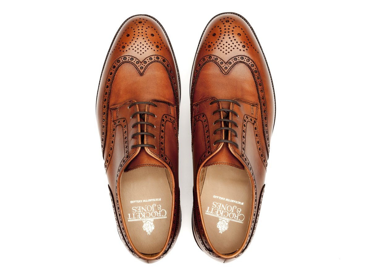 Top view of Crockett & Jones Cardiff wingtip full brogue derby shoes in tan burnished calf