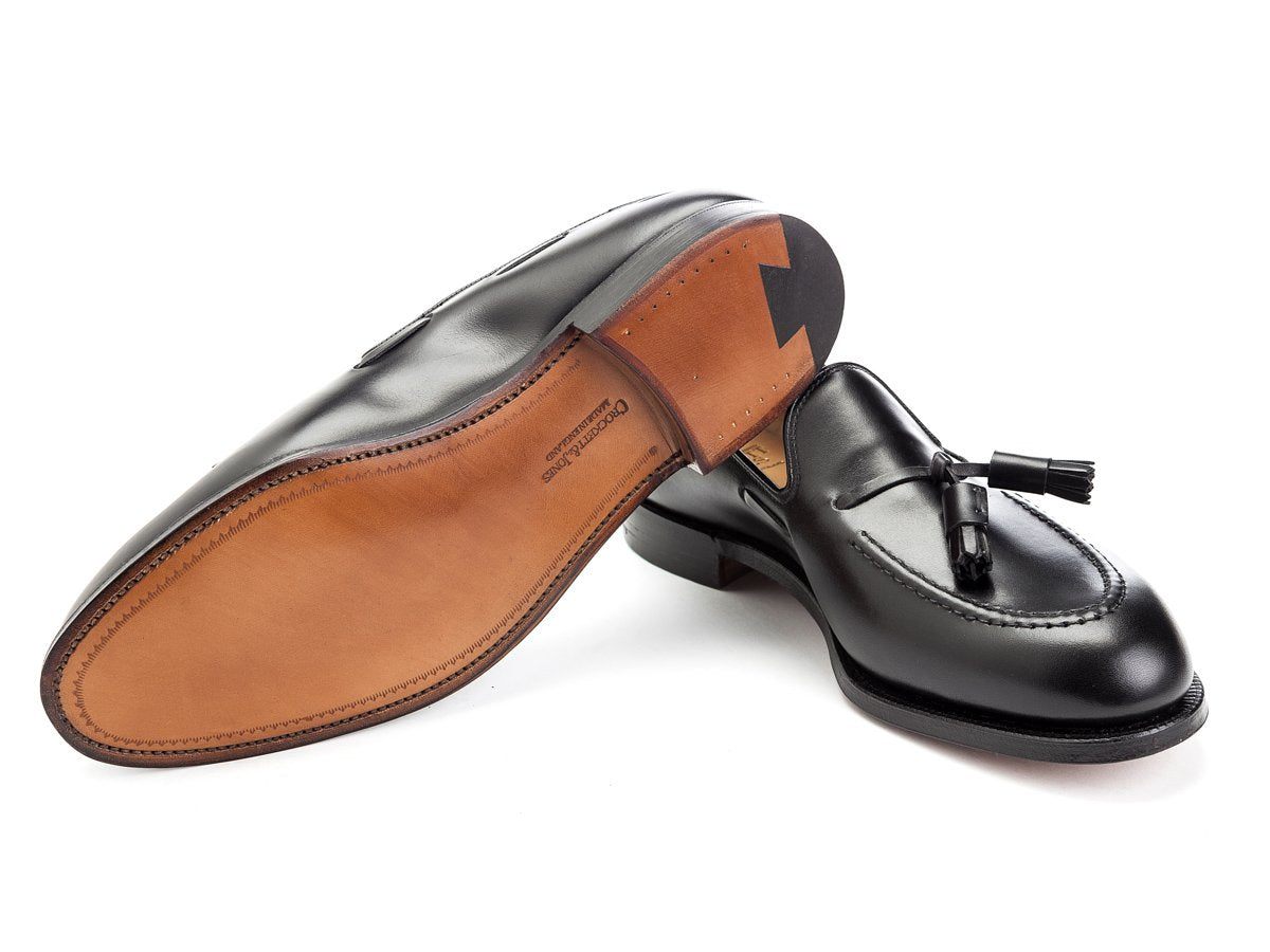 Leather sole of Crockett & Jones Cavendish tassel loafers in black calf