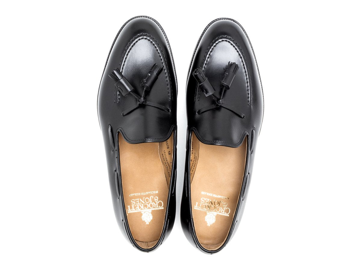 Top view of Crockett & Jones Cavendish tassel loafers in black calf