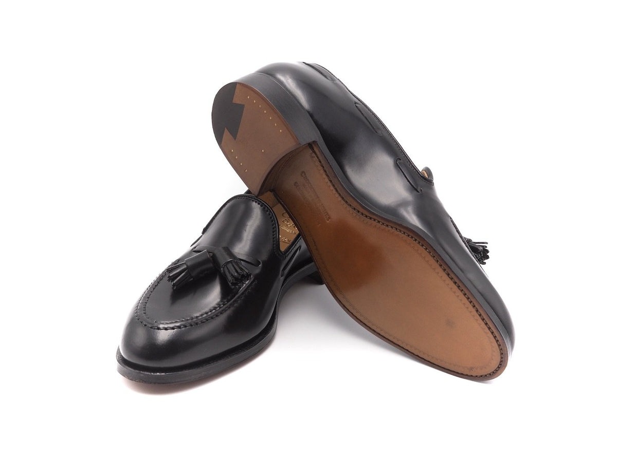 Leather sole of Crockett & Jones Cavendish tassel loafers in black shell cordovan