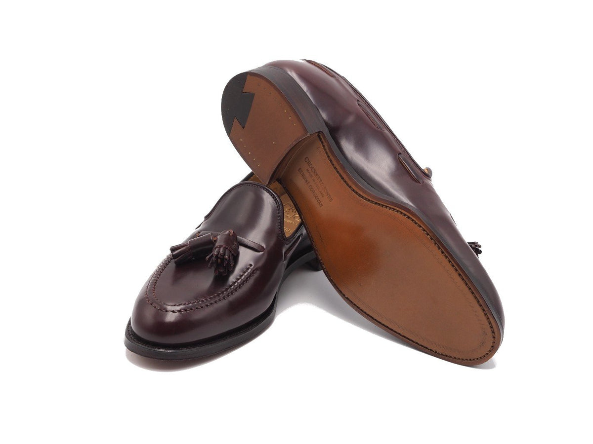 Leather sole of Crockett & Jones Cavendish tassel loafers in burgundy shell cordovan