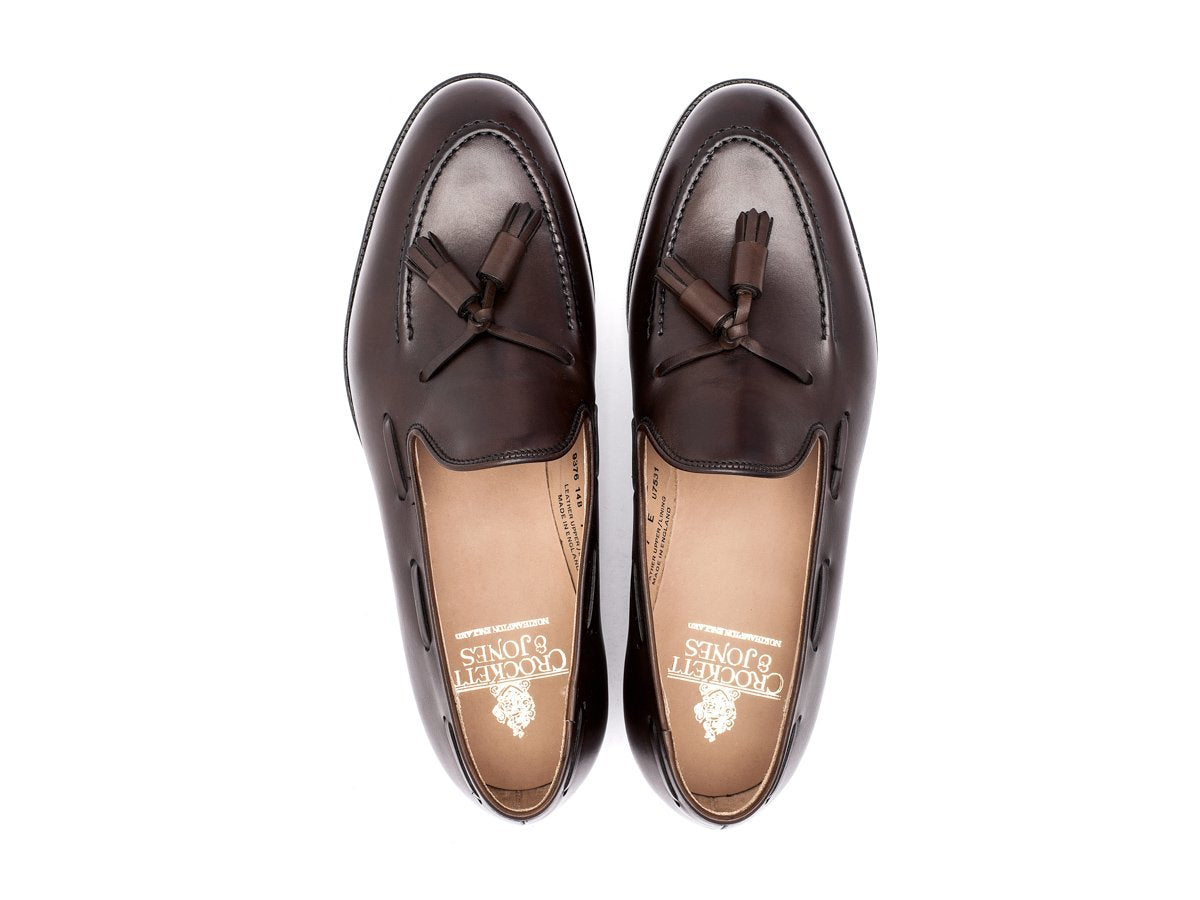 Top view of Crockett & Jones Cavendish tassel loafers in dark brown burnished calf