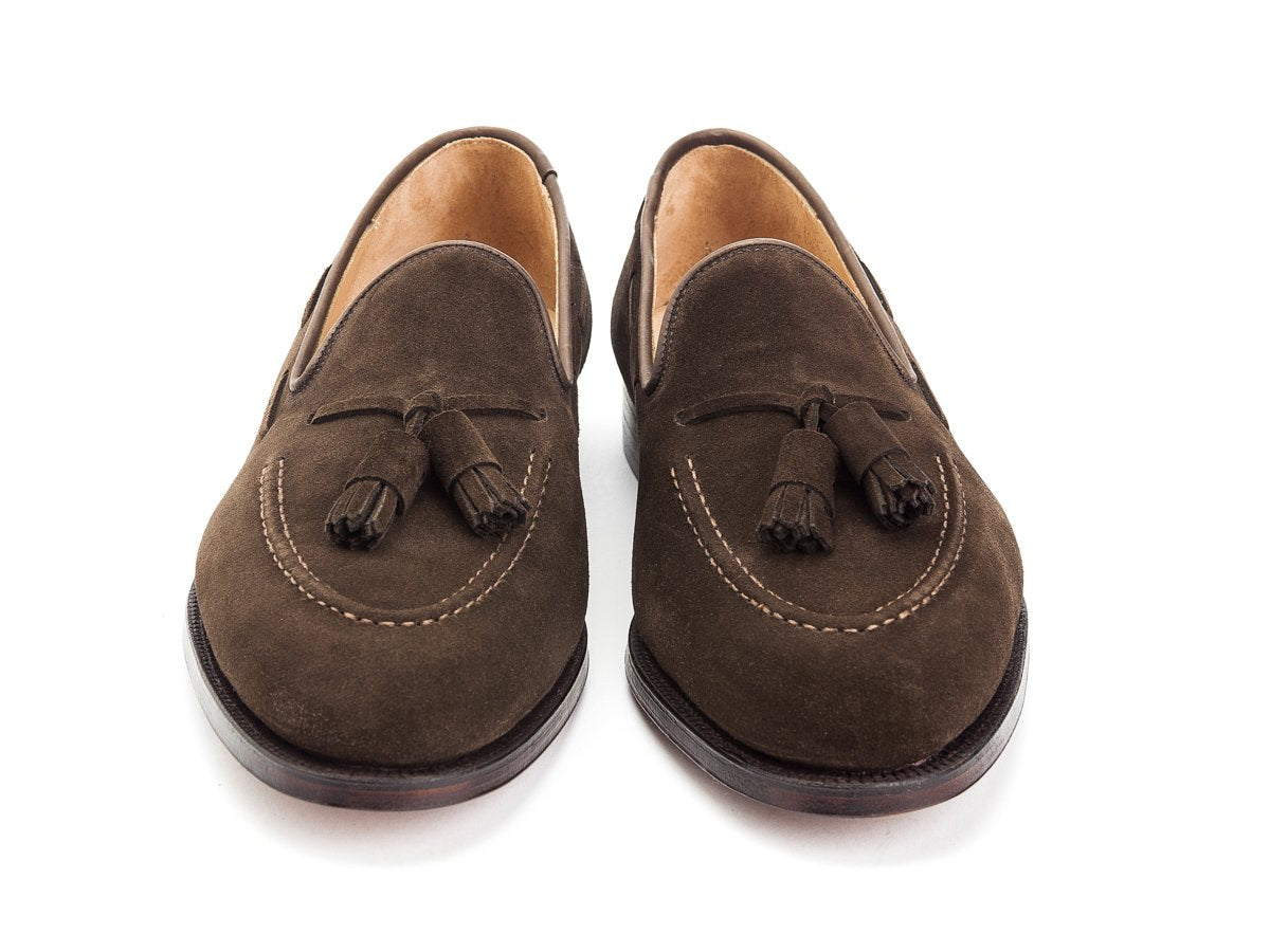 Front view of Crockett & Jones Cavendish tassel loafers in dark brown suede