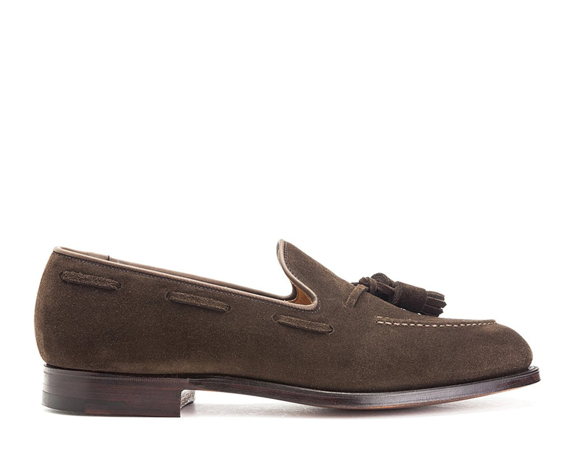 Side view of Crockett & Jones Cavendish tassel loafers in dark brown suede