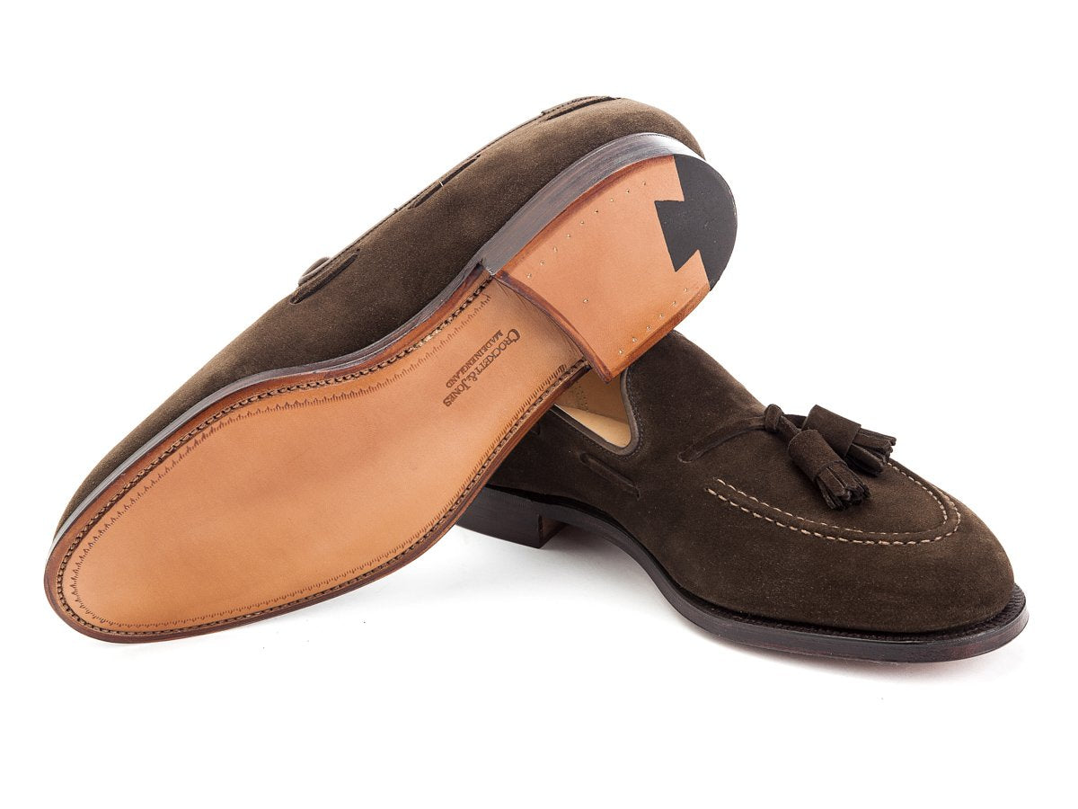 Leather sole of Crockett & Jones Cavendish tassel loafers in dark brown suede