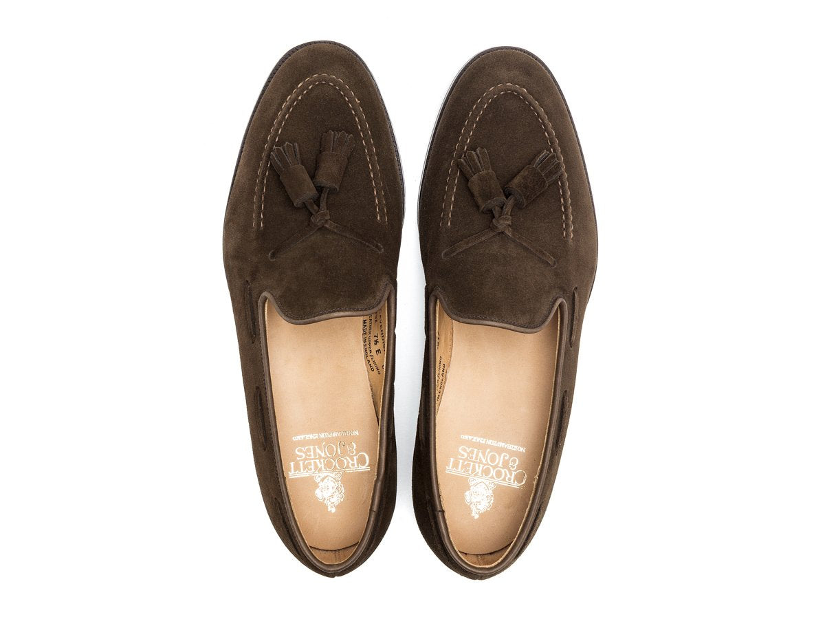 Top view of Crockett & Jones Cavendish tassel loafers in dark brown suede