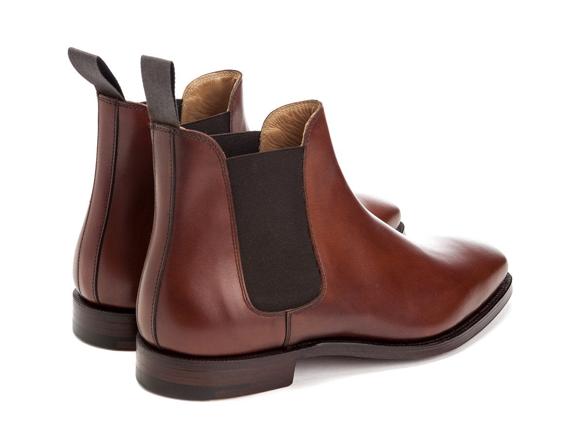 Back angle view of Crockett & Jones Chelsea 3 boots in chestnut burnished calf