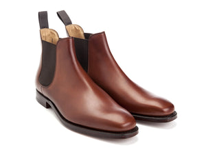 Front angle view of Crockett & Jones Chelsea 3 boots in chestnut burnished calf