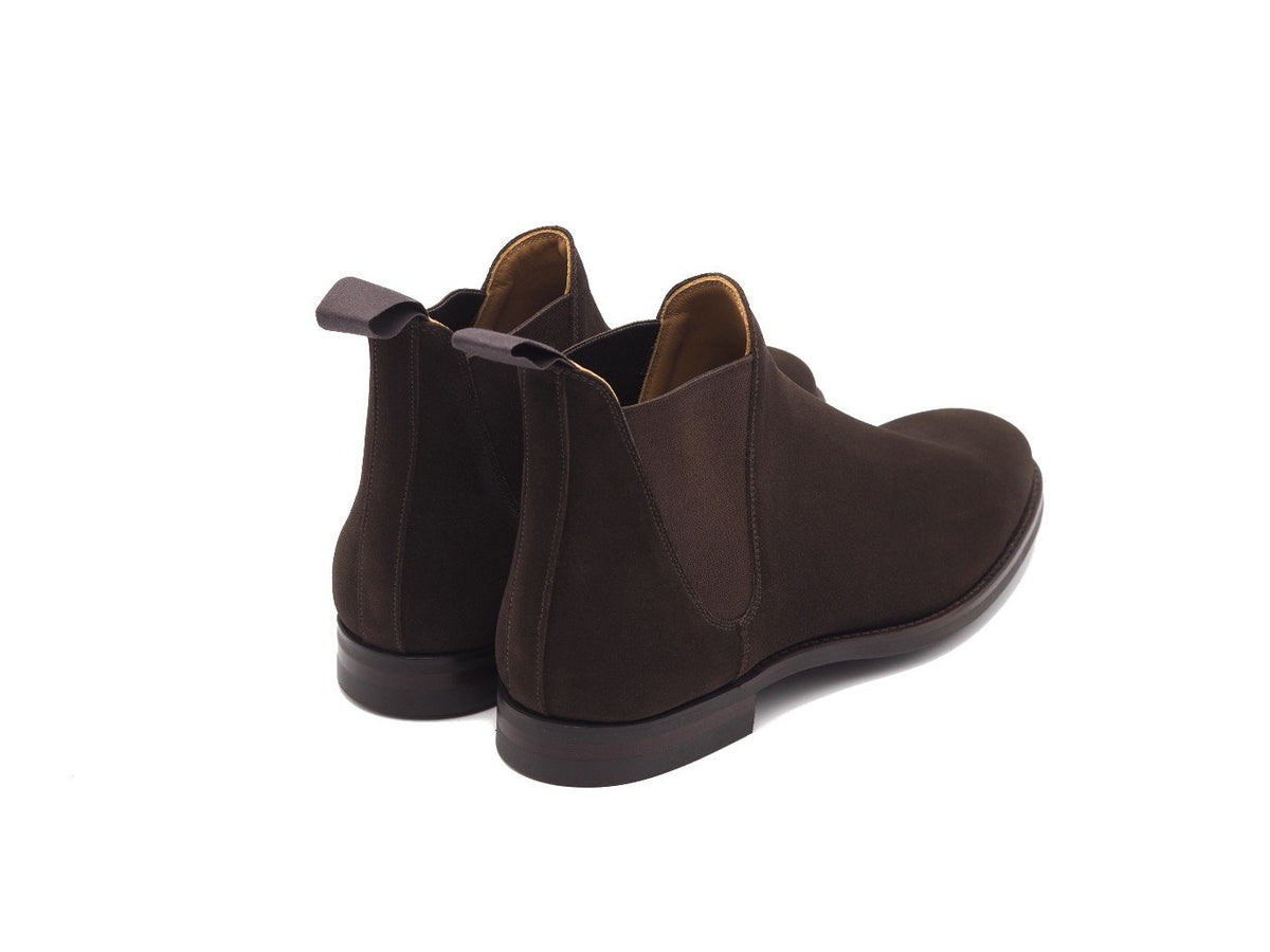 Back angle view of Crockett & Jones Chelsea 8 boots in dark brown suede