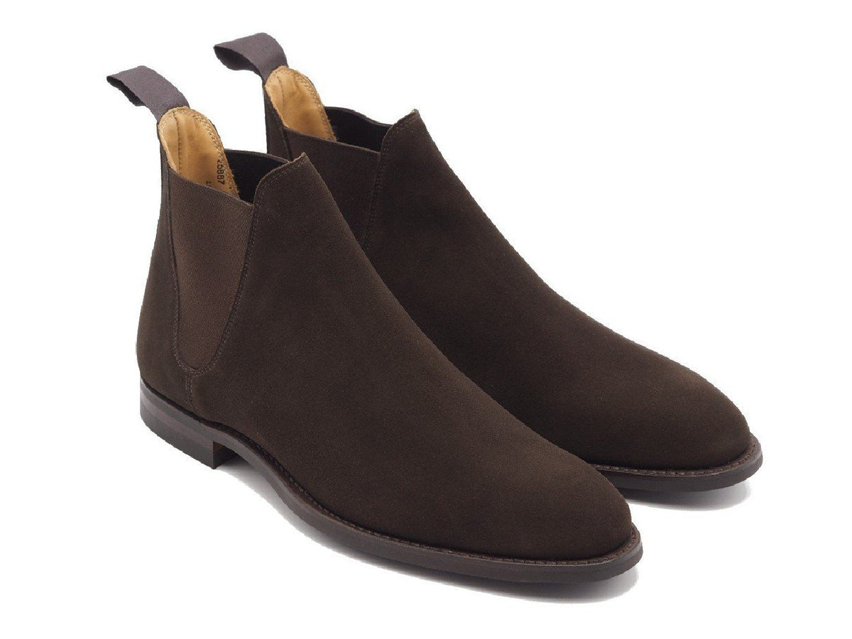 Front angle view of Crockett & Jones Chelsea 8 boots in dark brown suede