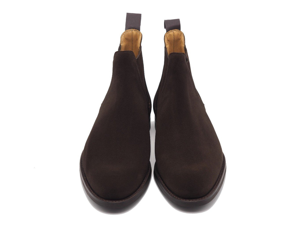 Front view of Crockett & Jones Chelsea 8 boots in dark brown suede