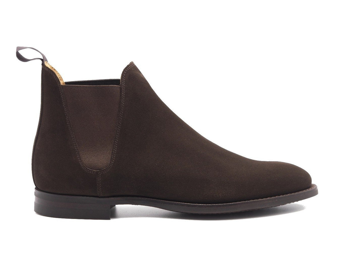 Side view of Crockett & Jones Chelsea 8 boots in dark brown suede