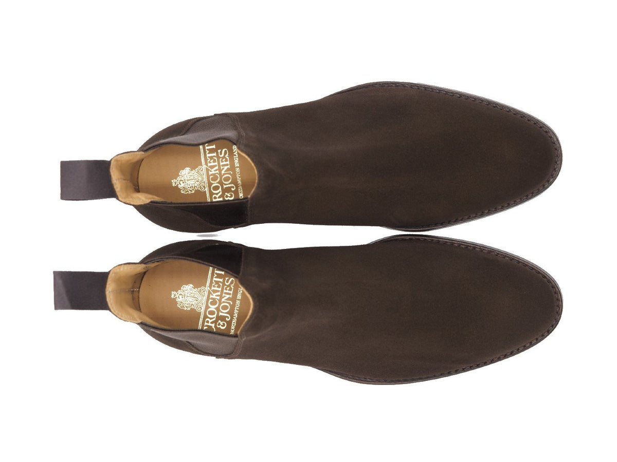 Top view of Crockett & Jones Chelsea 8 boots in dark brown suede