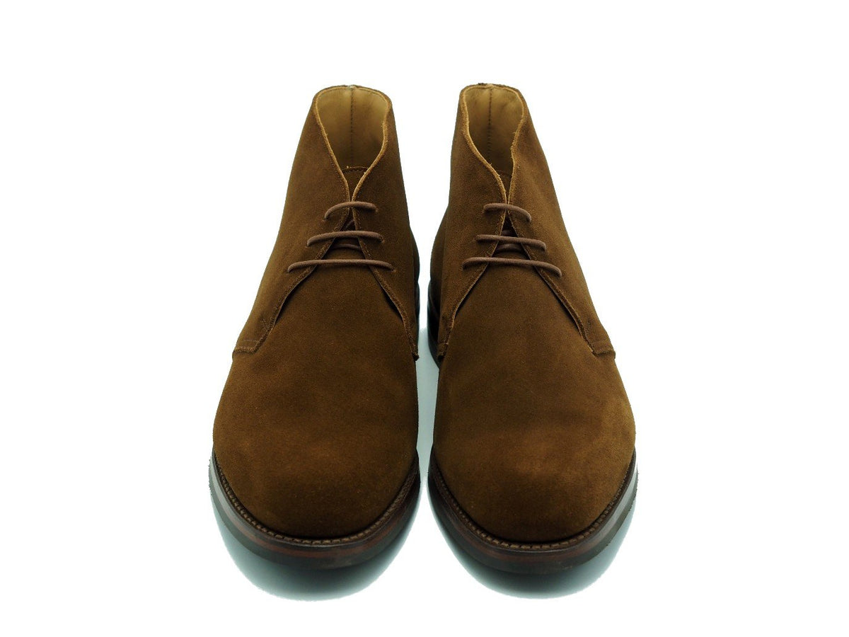 Front view of Crockett & Jones Chiltern chukka boots in snuff suede