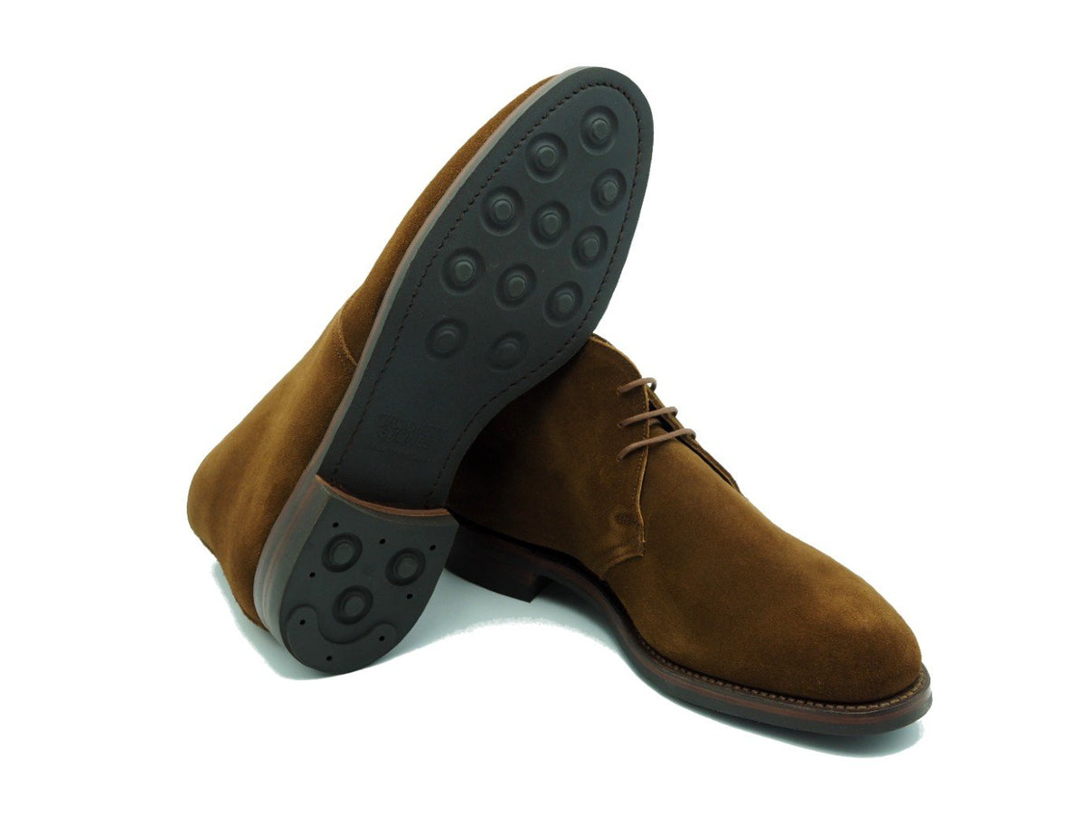 Dainite rubber sole of Crockett & Jones Chiltern chukka boots in snuff suede