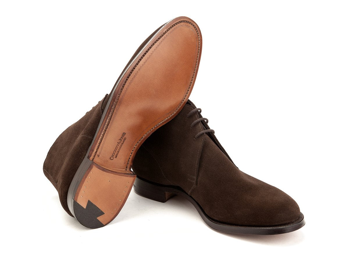 Leather sole of Crockett & Jones Chukka boots in dark brown suede
