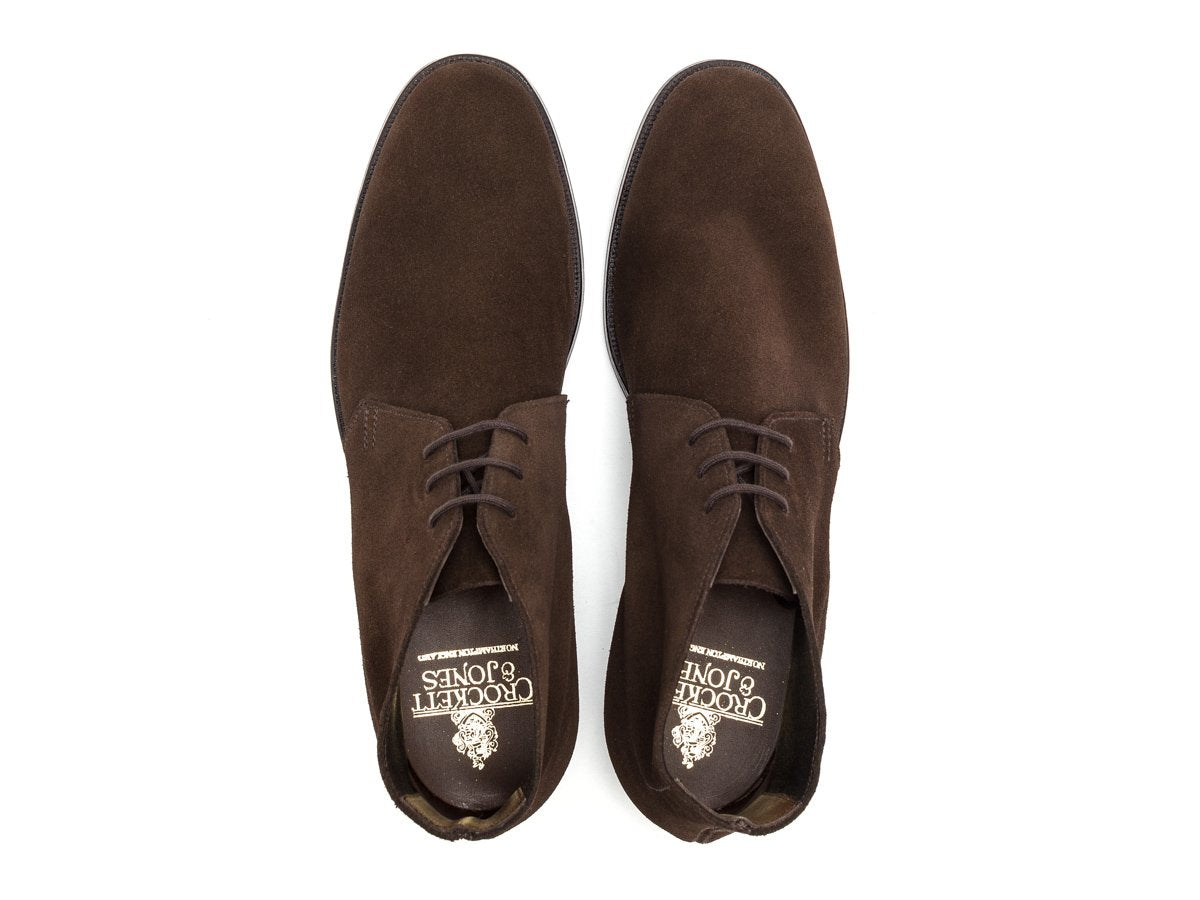 Top view of Crockett & Jones Chukka boots in dark brown suede