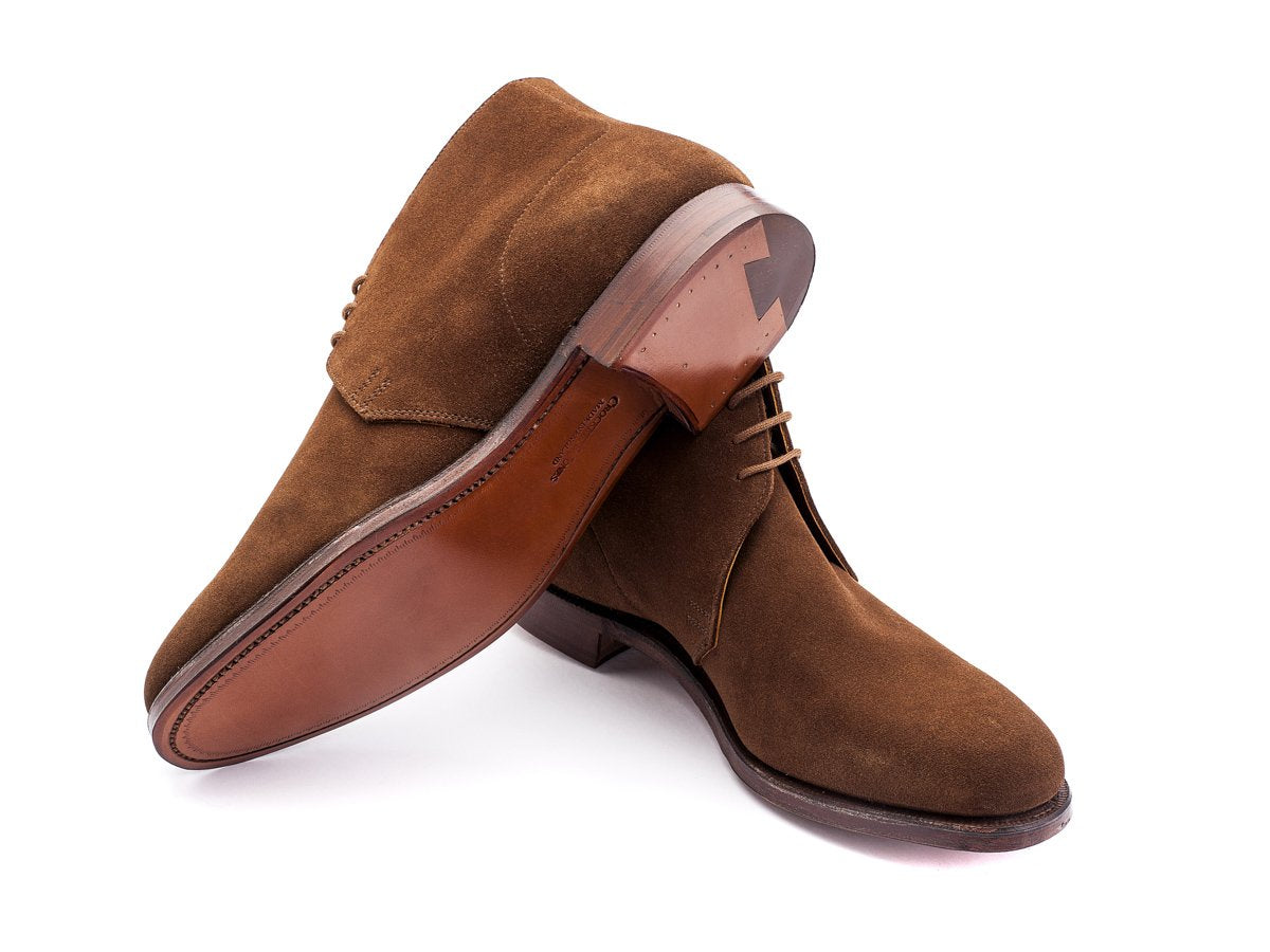 Leather sole of Crockett & Jones Chukka boots in snuff suede