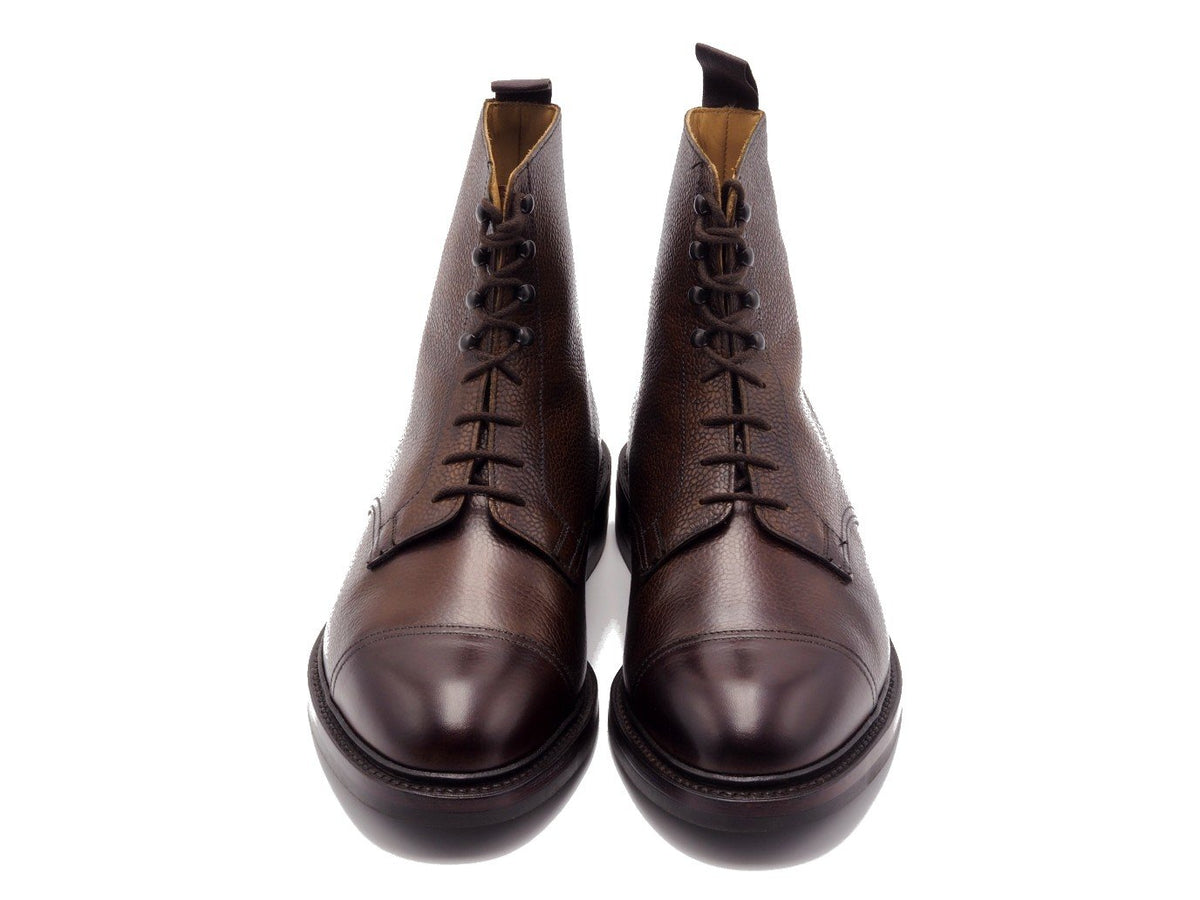 Front view of Crockett & Jones Coniston derby field boots in dark brown scotch grain calf