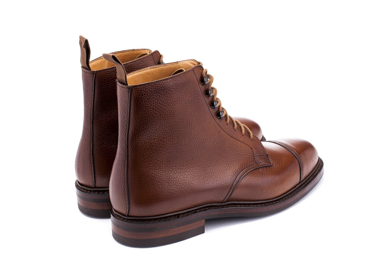 Back angle view of Crockett & Jones Coniston derby field boots in tan scotch grain calf