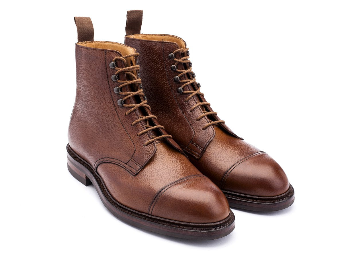 Front angle view of Crockett & Jones Coniston derby field boots in tan scotch grain calf