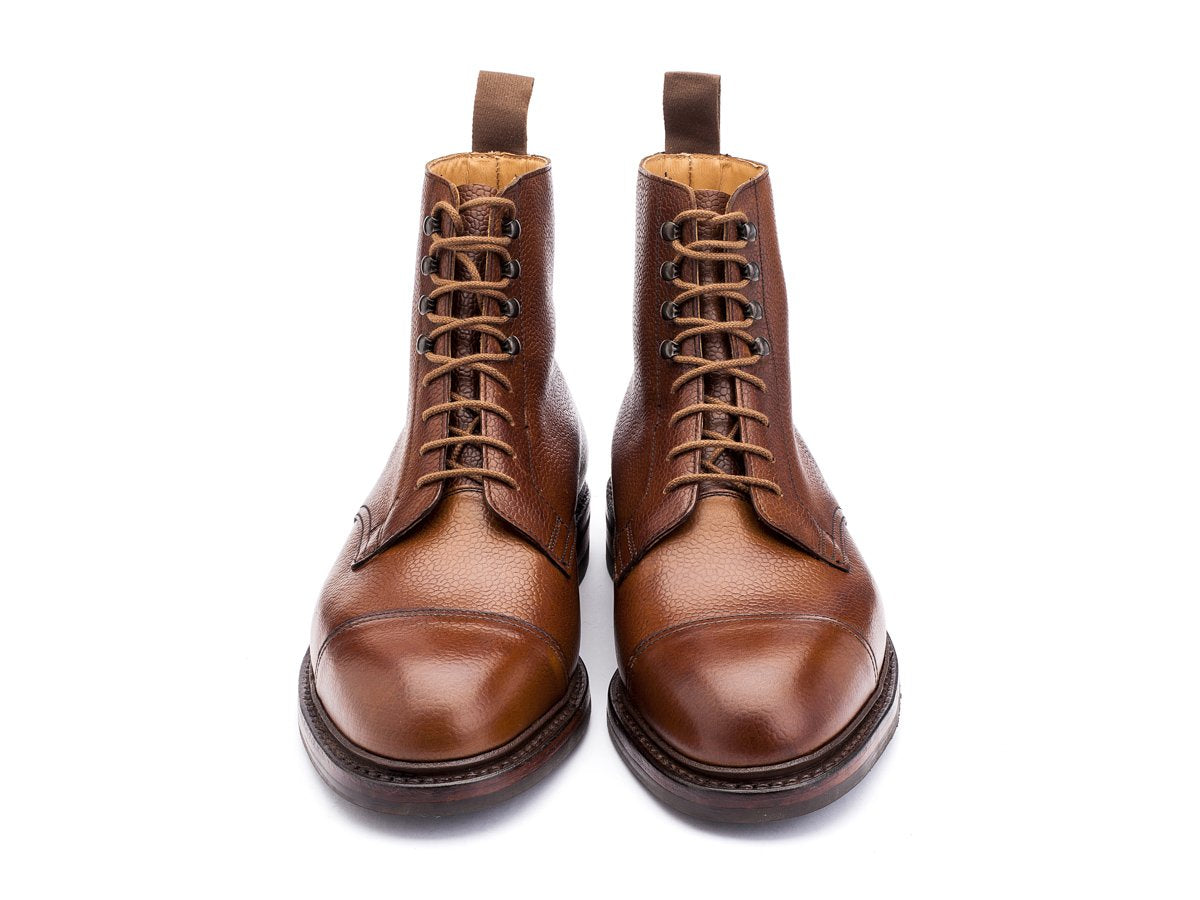 Front view of Crockett & Jones Coniston derby field boots in tan scotch grain calf