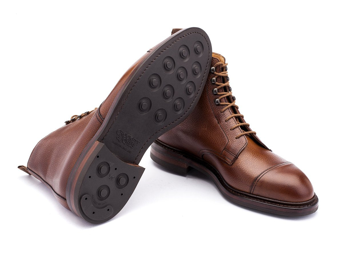 Dainite rubber sole of Crockett & Jones Coniston derby field boots in tan scotch grain calf