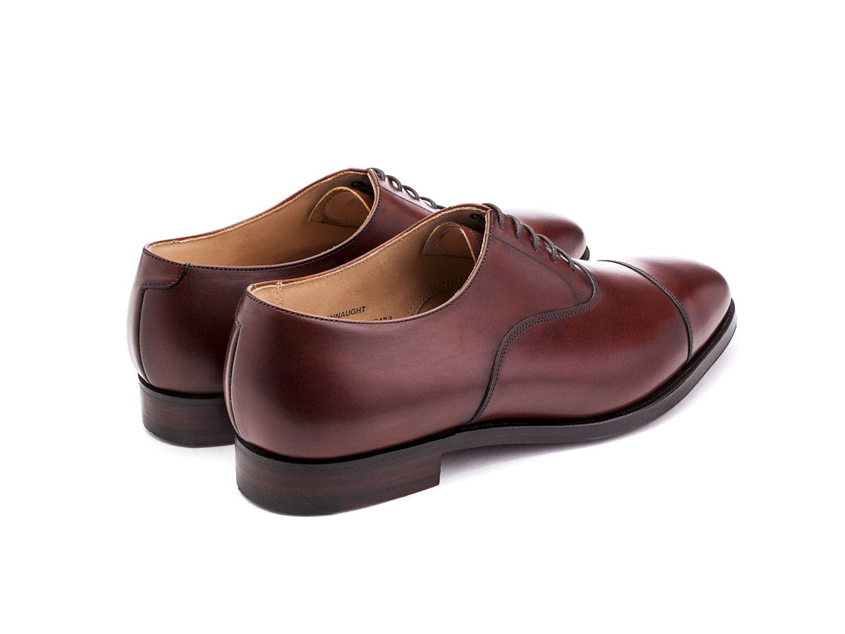 Back angle view of Crockett & Jones Connaught plain captoe oxford shoes in chestnut burnished calf