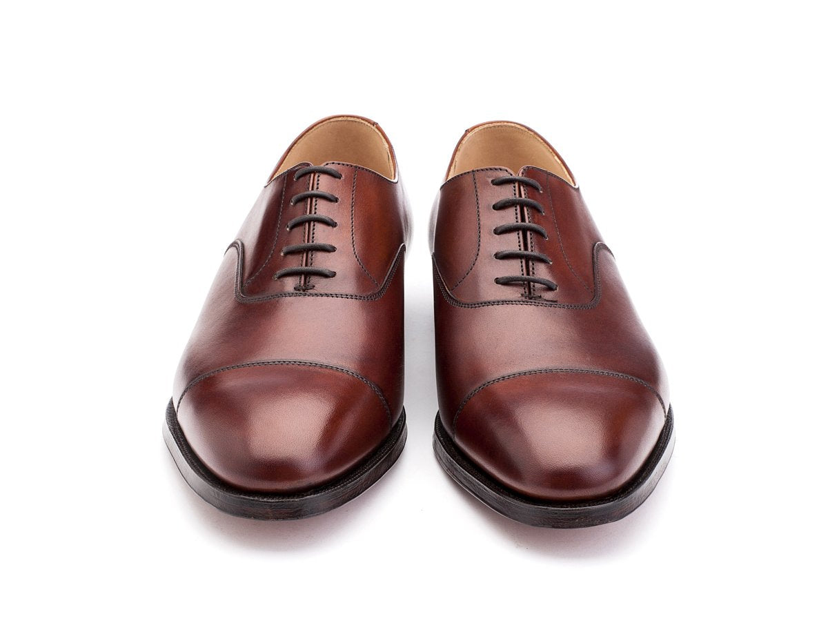 Front view of F width Crockett & Jones Connaught plain captoe oxford shoes in chestnut burnished calf