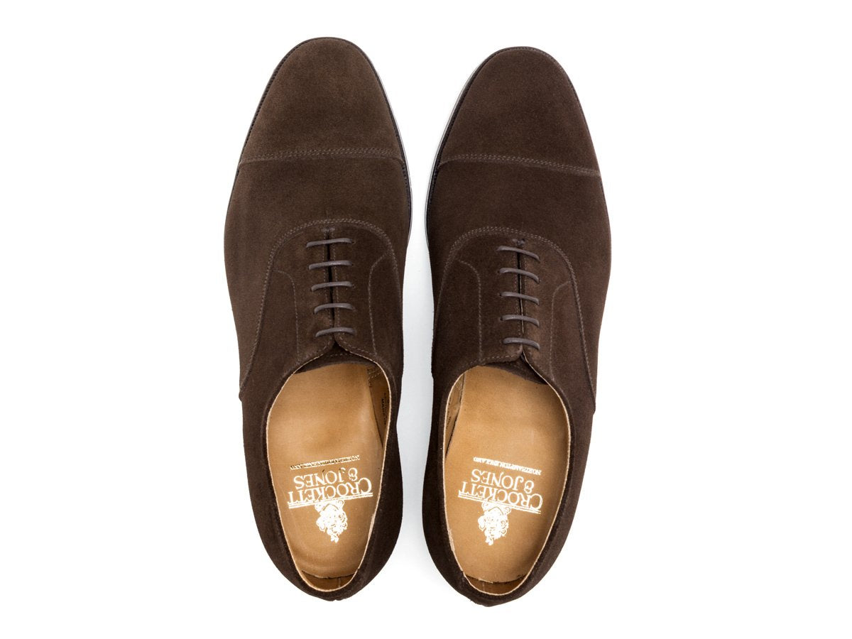 Top view of Crockett & Jones Connaught plain captoe oxford shoes in dark brown suede