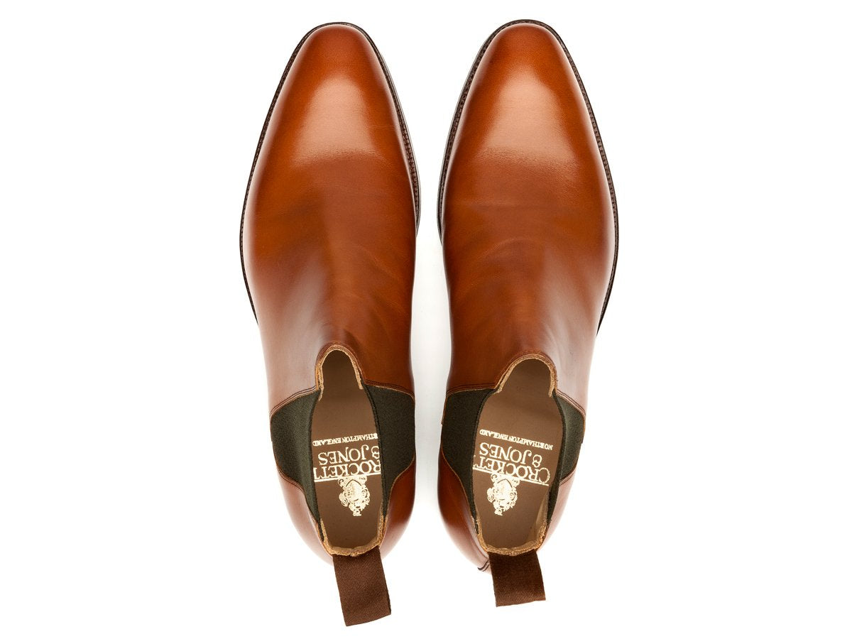 Top view of Crockett & Jones Cranford 3 chelsea boots in mahogany burnished calf