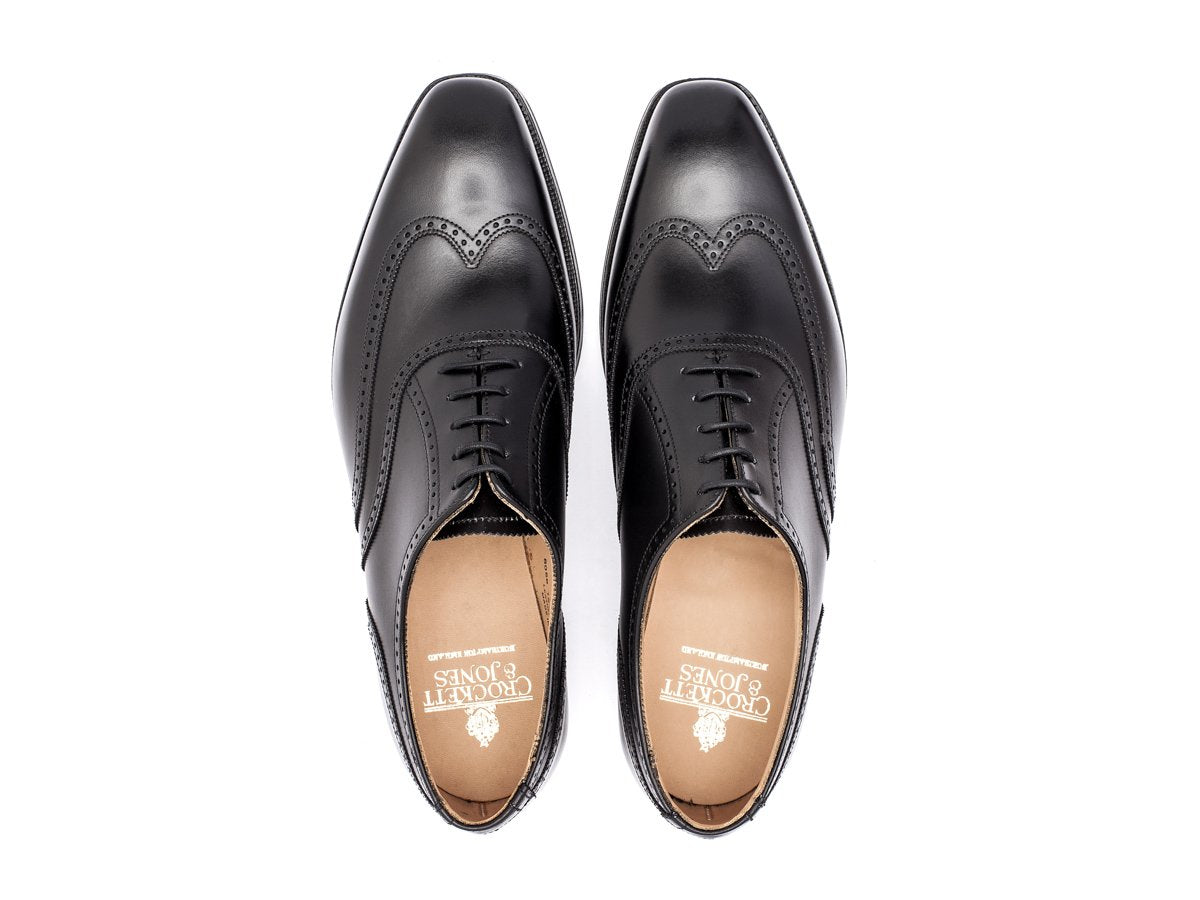 Top view of Crockett & Jones Drummond wingtip brogue oxford shoes in black calf