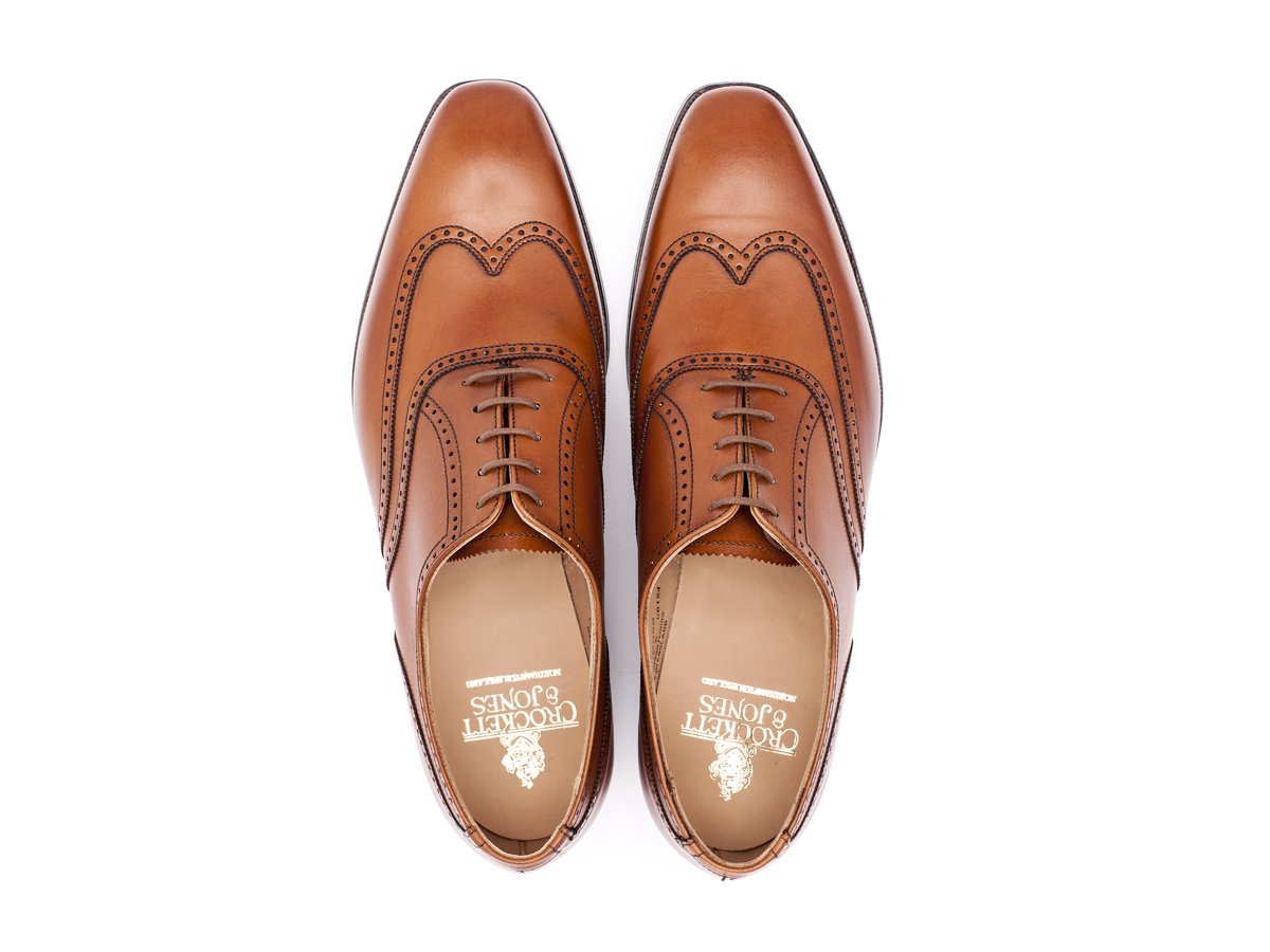 Top view of Crockett & Jones Drummond wingtip brogue oxford shoes in tan burnished calf