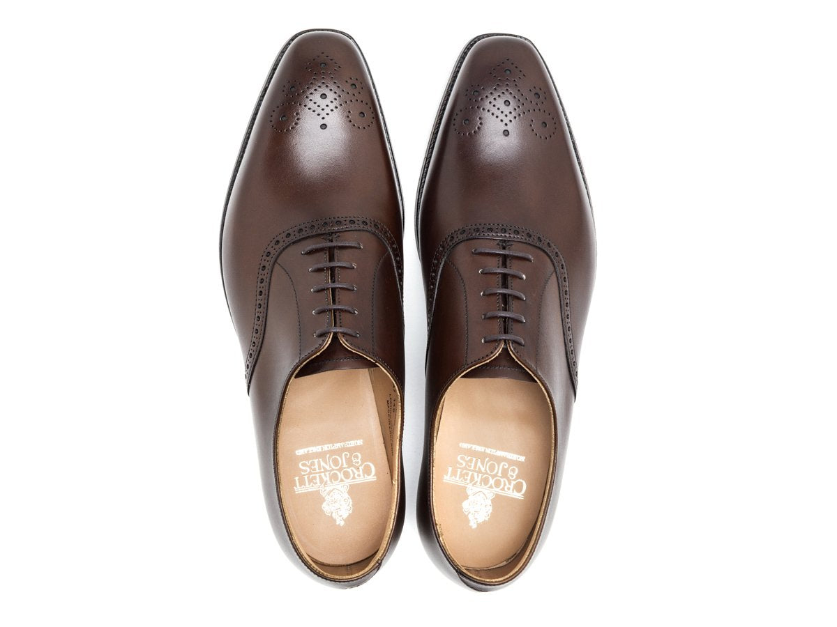 Top view of Crockett & Jones Edgware medallion brogue oxford shoes in dark brown burnished calf