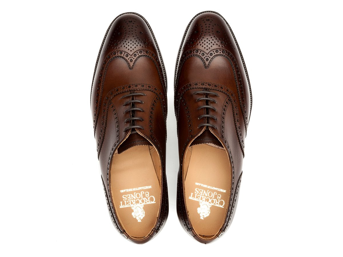 Top view of Crockett & Jones Finsbury wingtip full brogue oxford shoes in dark brown burnished calf