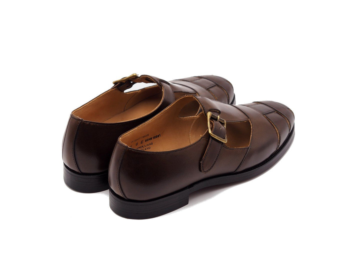 Back angle view of Crockett & Jones Fisherman sandals in dark brown burnished calf