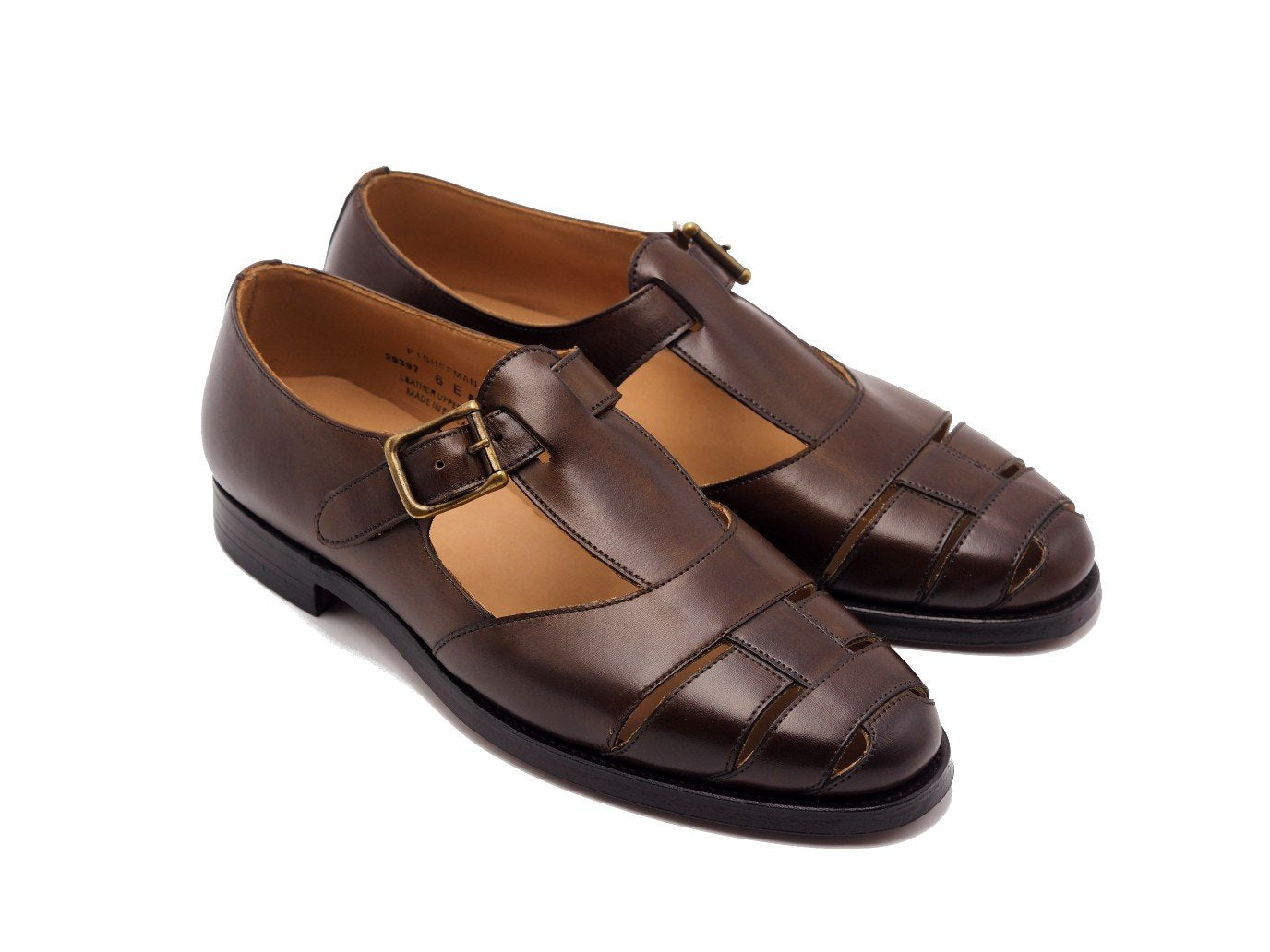 Front angle view of Crockett & Jones Fisherman sandals in dark brown burnished calf