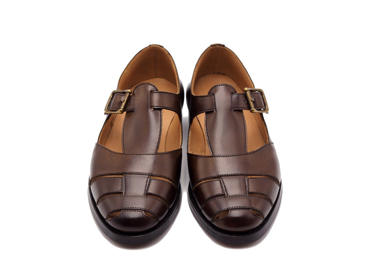 Front view of Crockett & Jones Fisherman sandals in dark brown burnished calf