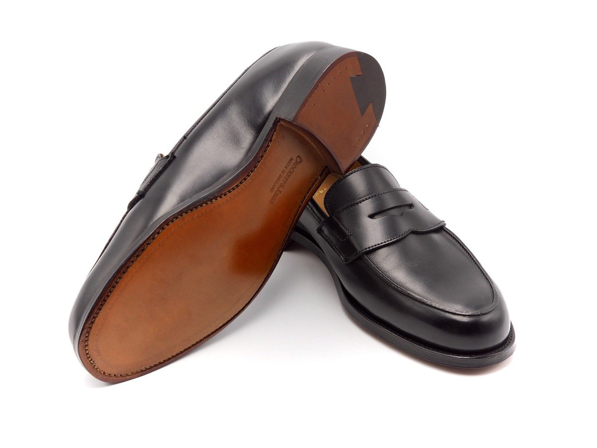 Leather sole of Crockett & Jones Grantham 2 penny loafers in black calf